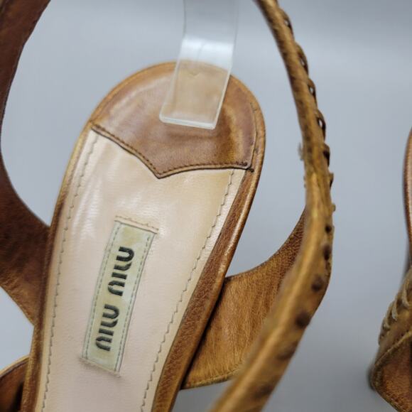 VTG Miu Miu Stilettos Leather Cognac Brown Open Toe Slingback Strappy Heels 10 - Picture 10 of 16